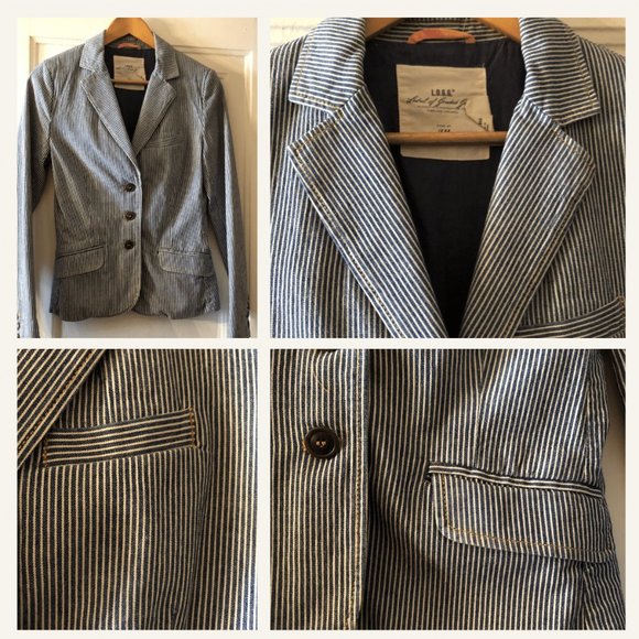 L.O.G.G. By H&M Women's Navy & White Striped Notch Collar Fitted Blazer - Picture 2 of 6